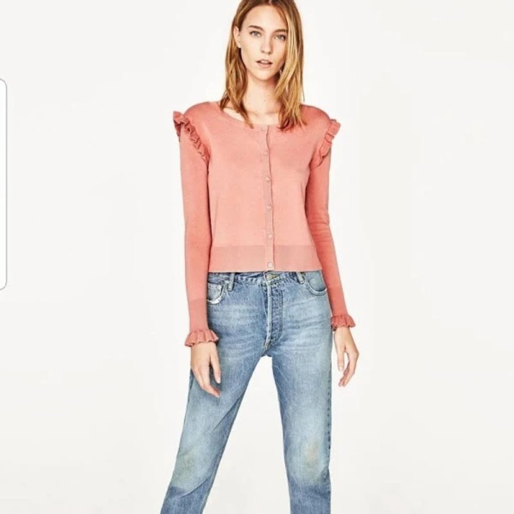 Zara Knit Ruffle Cardigan Sweater Pink Long Sleeve Button Size Large L
